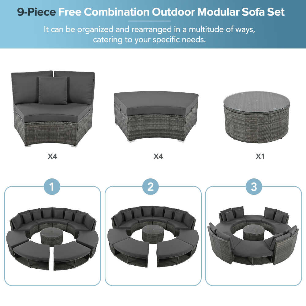 Large Premium Rattan Wicker Circular Patio Sofa Set With Tempered Glass Coffee Table And 6 Pillows