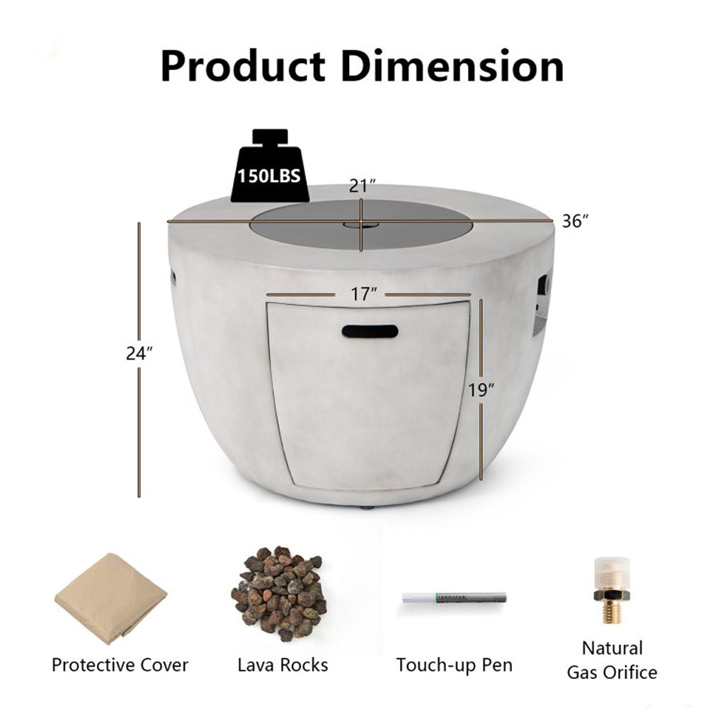 Round 50000 BTU Concrete Propane Fire Pit Table With Lava Rocks & PVC Cover, 36"