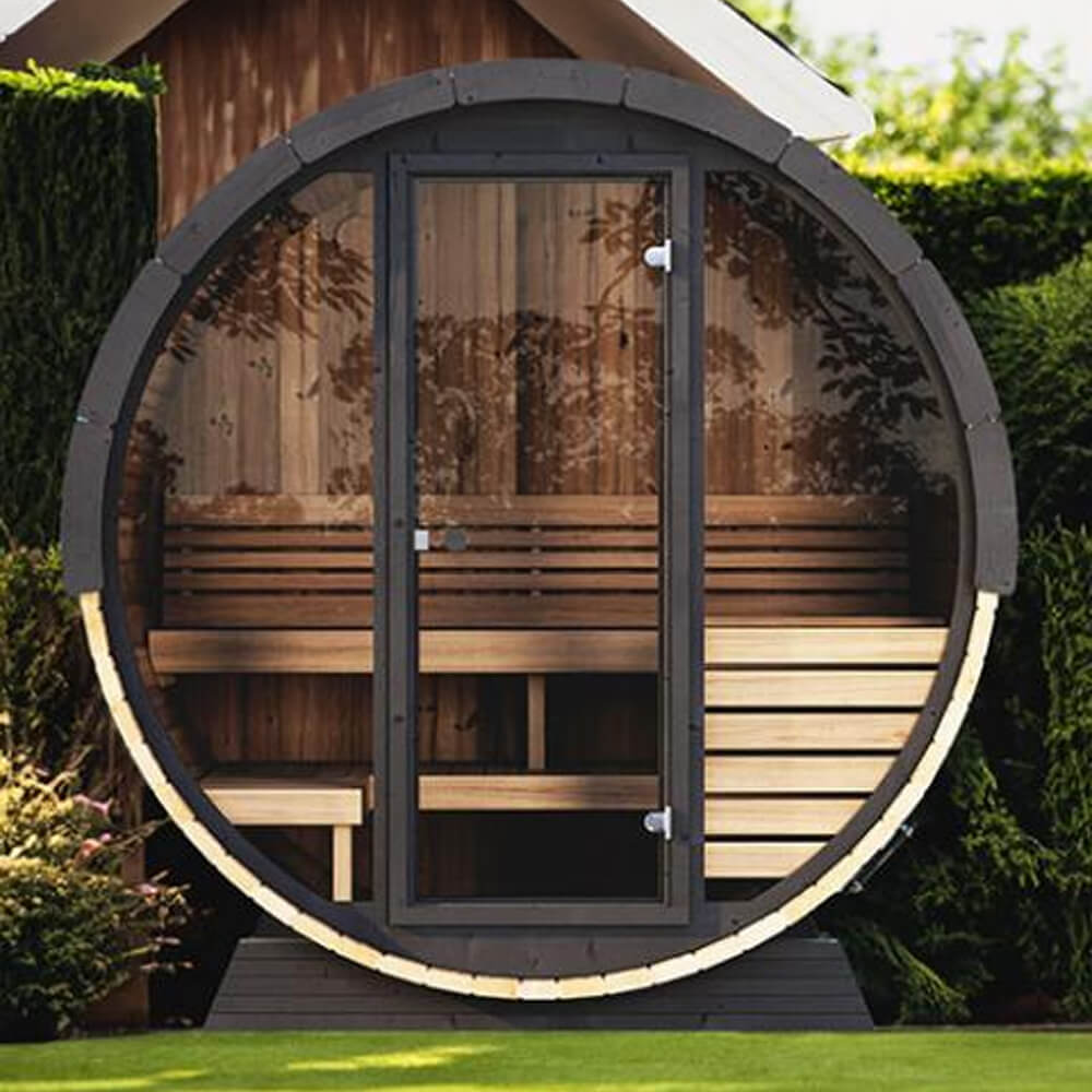 SaunaLife Model EE6G Ergo Series 4-Person Outdoor Sauna Barrel With Tempered Glass Front [SL-MODELEE6G] (SAK39412)