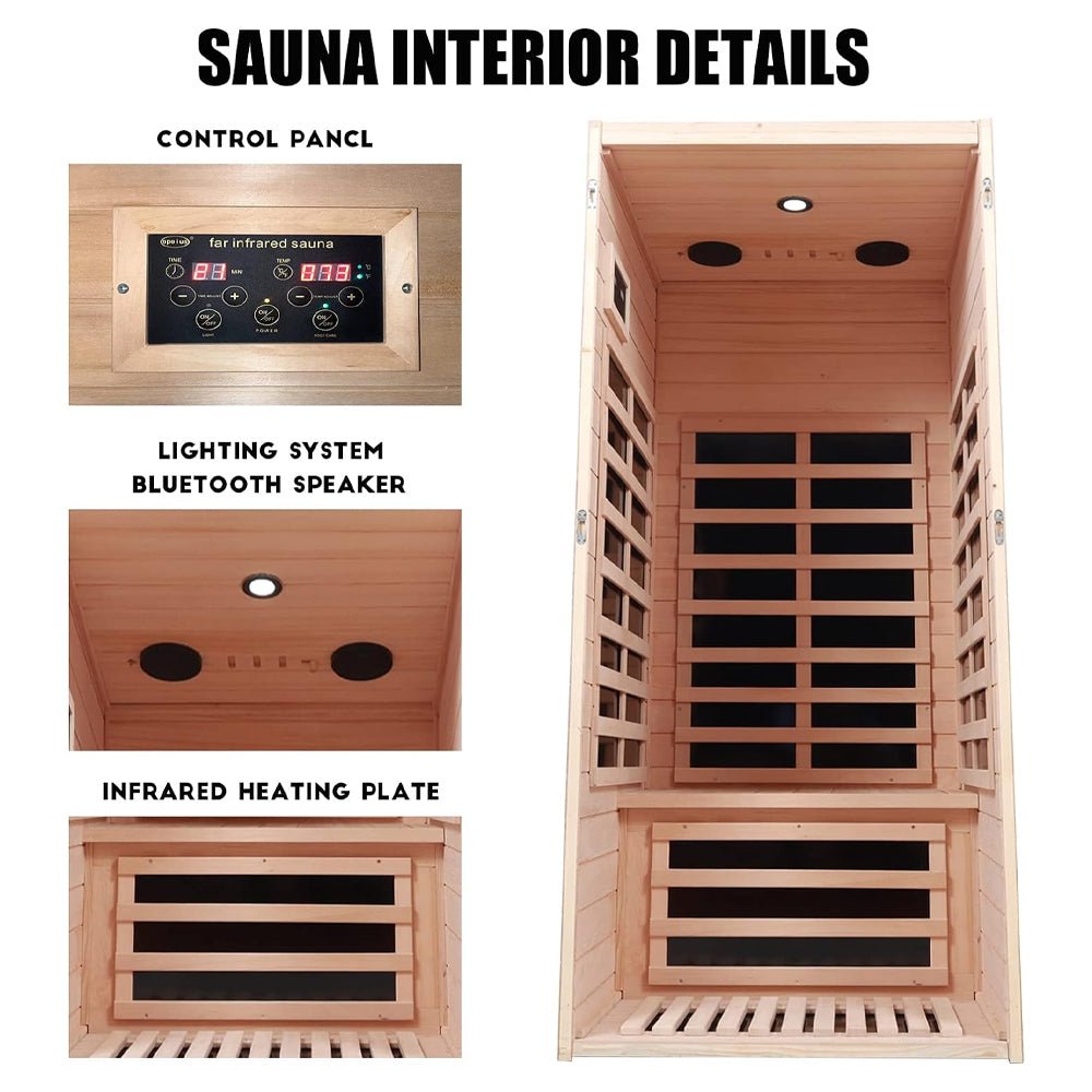 Single-Person Indoor Low EMF FAR Infrared Heat Hemlock Wood Personal Home Spa Sauna, 1200W