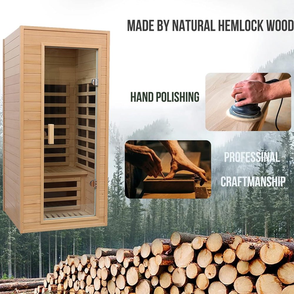 Single-Person Indoor Low EMF FAR Infrared Heat Hemlock Wood Personal Home Spa Sauna, 1200W