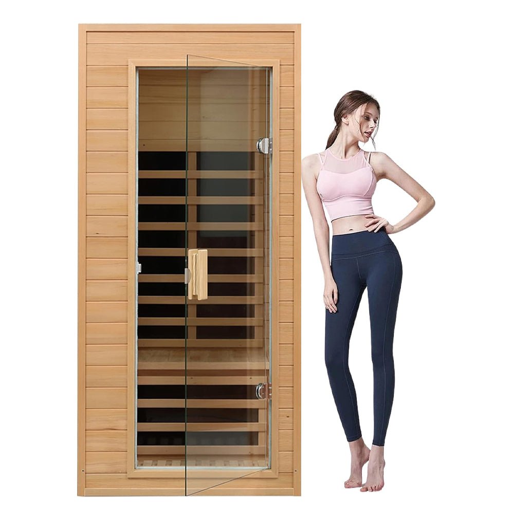 Single-Person Indoor Low EMF FAR Infrared Heat Hemlock Wood Personal Home Spa Sauna, 1200W