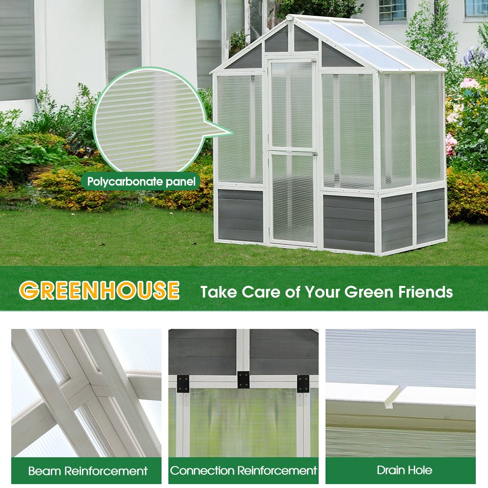 Outdoor Walk-In Polycarbonate Garden Greenhouse With Drain Holes, 4x6FT