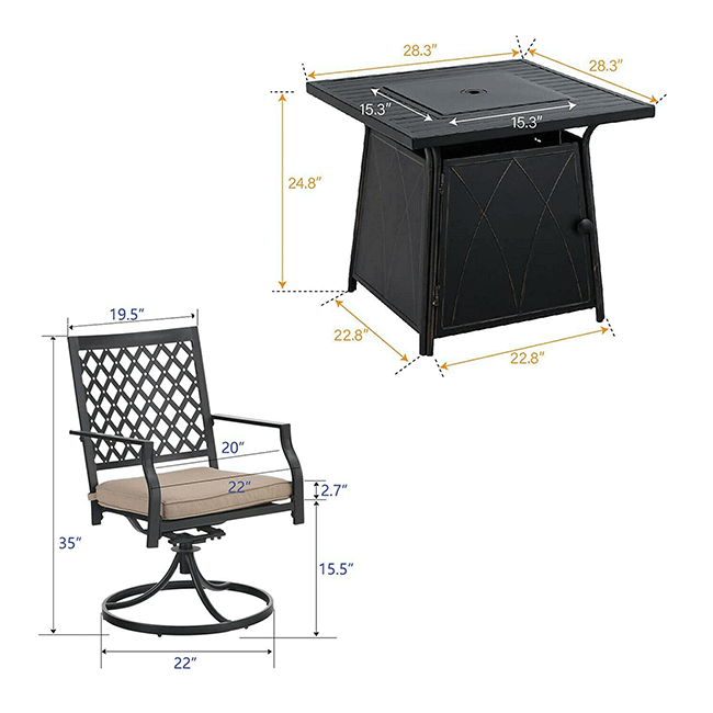 Sophia & William Outdoor Gas Fire Pit Table Set W/ Cushioned Swivel Dining Chairs, 5PCS