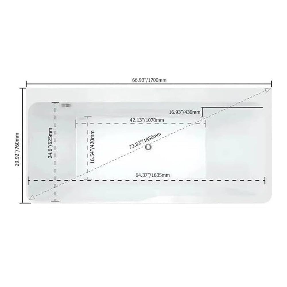 WBT Premium Modern Acrylic Alcove Rectangular Whirlpool Water Massage Bathtub, 67"